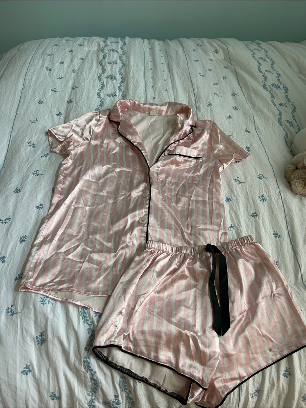 Amazon Pink and White Striped Satin Short PJ Set with Black Trim
